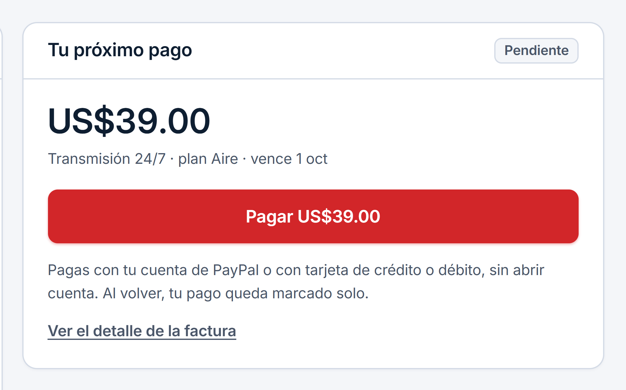 La factura en el panel, con su botón de pagar