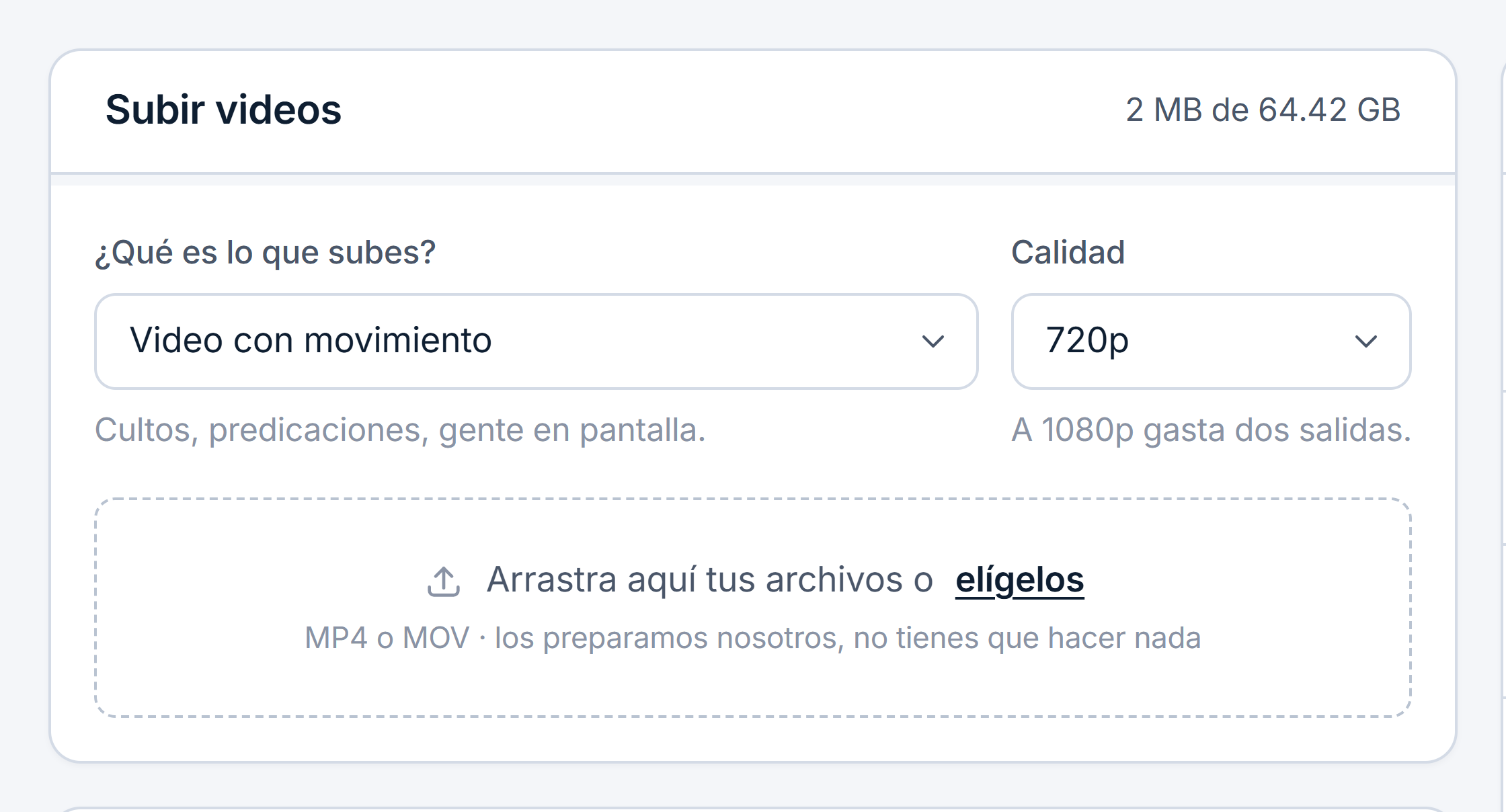 La pantalla de subir videos, con el espacio usado